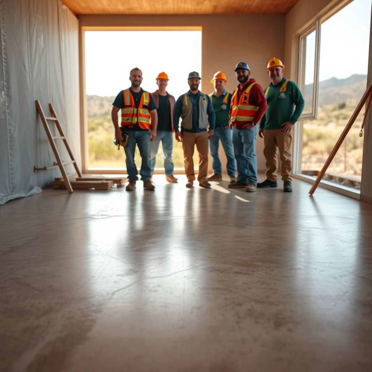 Acid-stained concrete floor with warm earth tones inside a Pueblo, CO home